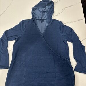 Pure Jill Indigo V-Neck Faux Wrap Hoodie Tunic Top Size Small Lightweight Casual